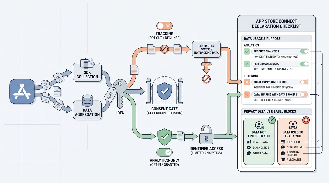 Flow from SDK data collection to ATT decision and privacy declaration mapping for app tracking and analytics. Flow from SDK data collection to ATT decision and privacy declaration mapping for app tracking and analytics.