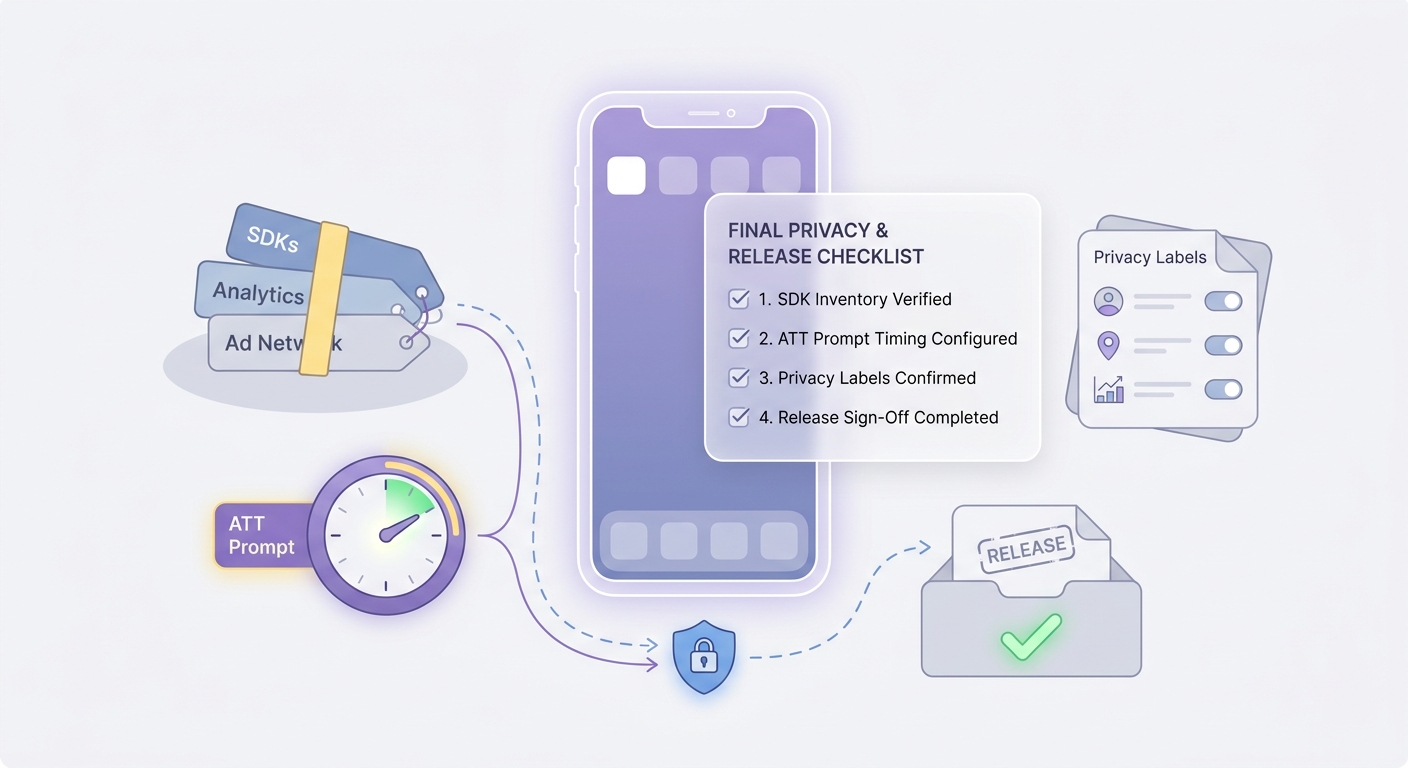 Checklist for confirming IDFA use, analytics configuration, ATT prompt timing, and App Store privacy disclosure accuracy before submission. Checklist for confirming IDFA use, analytics configuration, ATT prompt timing, and App Store privacy disclosure accuracy before submission.