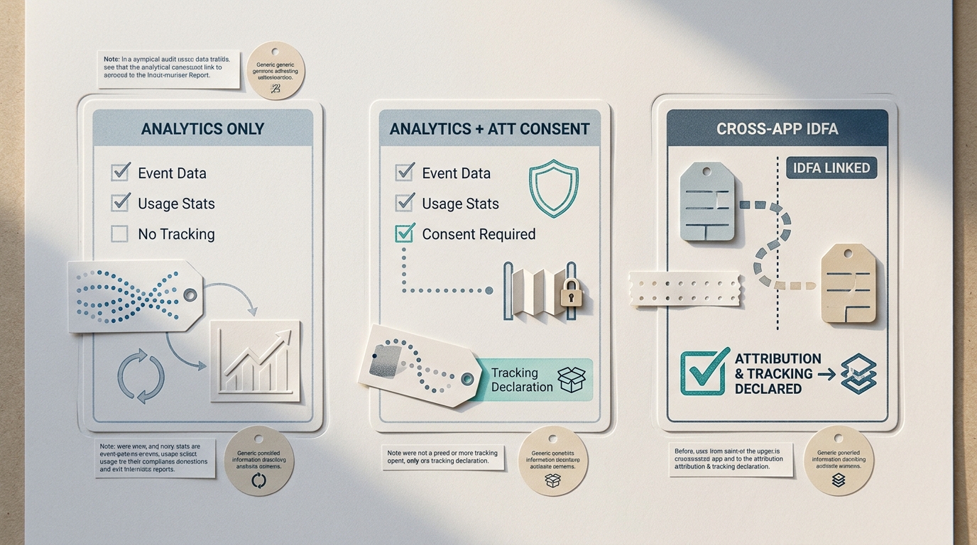 Comparison of analytics-only, ATT-gated tracking, and IDFA-based attribution with corresponding privacy declaration implications. Comparison of analytics-only, ATT-gated tracking, and IDFA-based attribution with corresponding privacy declaration implications.