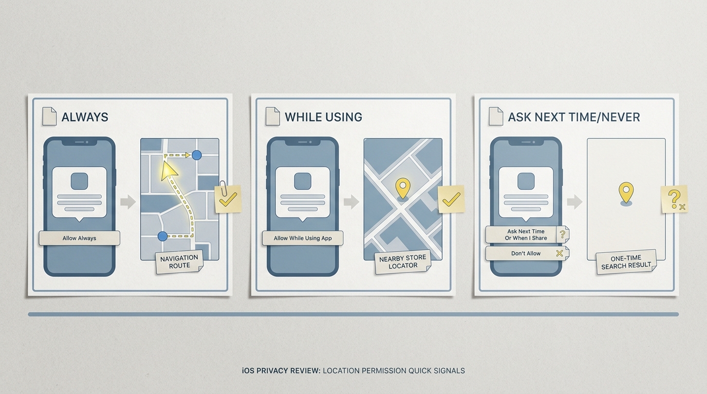 Comparison of iOS location permission levels and when each is typically justified in an app review.