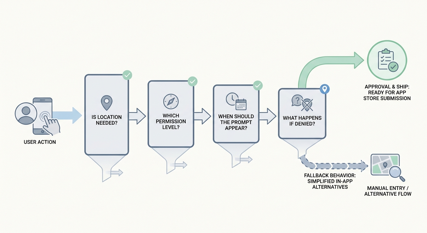 Flow diagram showing how to review an iOS location permission request from user action to fallback behavior.