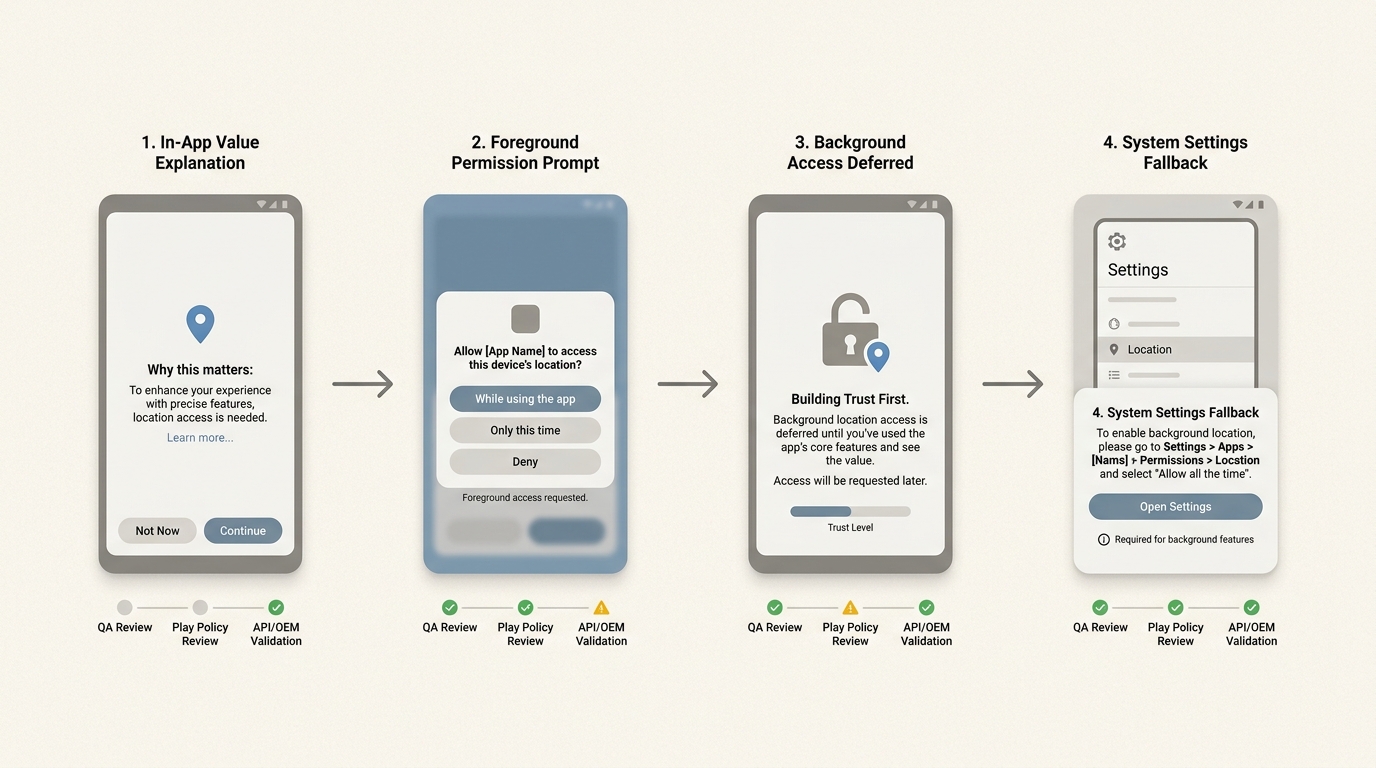 Flow diagram for Android location permissions showing in-app explanation, foreground permission prompt, background permission request, and settings fallback.
