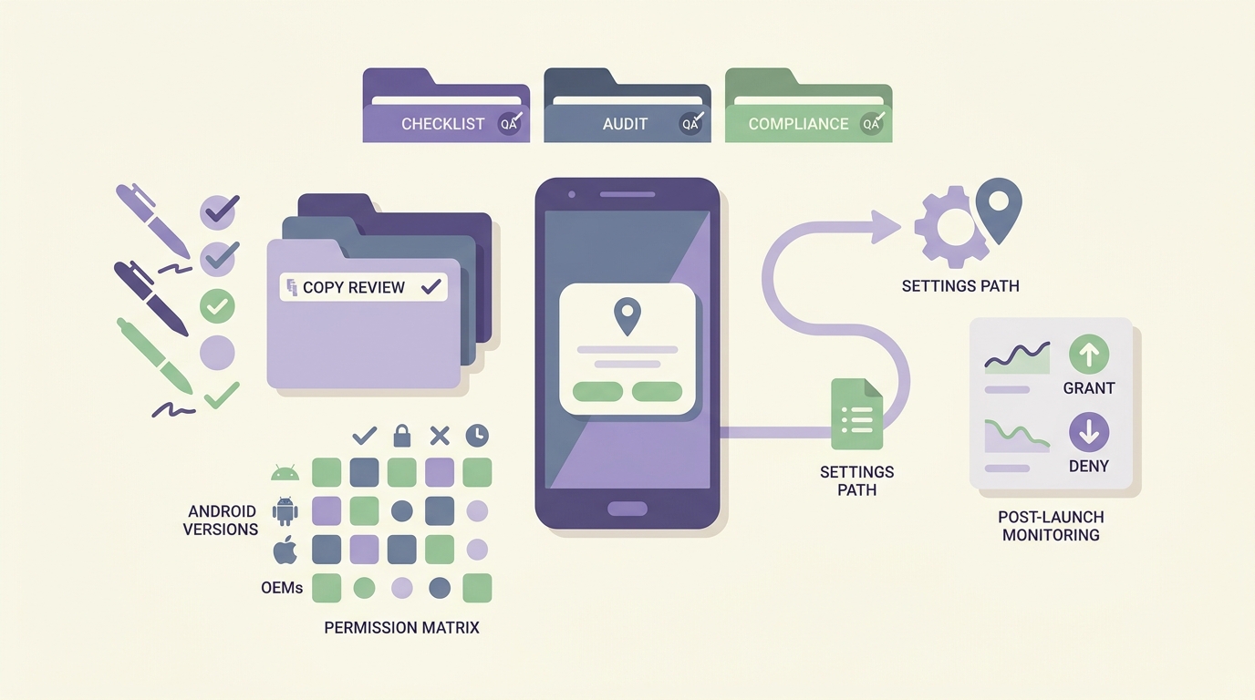 Checklist of Android background location launch tasks including permission copy review, denied-state testing, settings path validation, and monitoring after release.