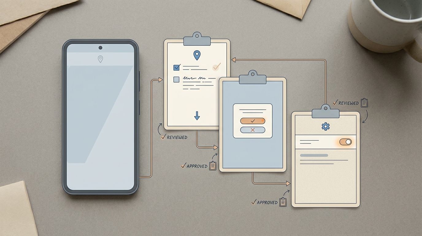 Android background location permission flow shown as a three-step checklist: explain feature, request foreground access, then request background access after trust is earned.