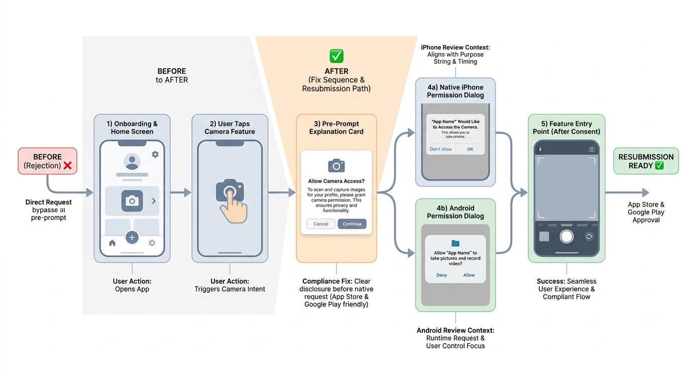 Process diagram of the corrected camera permission flow with request timing aligned to user intent on App Store and Google Play. Process diagram of the corrected camera permission flow with request timing aligned to user intent on App Store and Google Play.