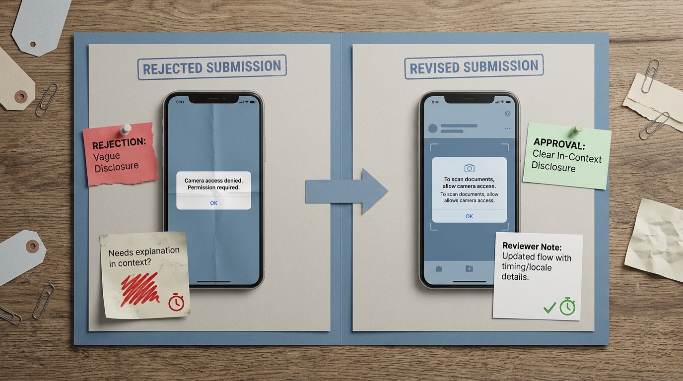 Before-and-after snapshot of a camera permission rejection fix for App Store and Google Play, showing improved resubmission outcome and reduced review friction. Before-and-after snapshot of a camera permission rejection fix for App Store and Google Play, showing improved resubmission outcome and reduced review friction.