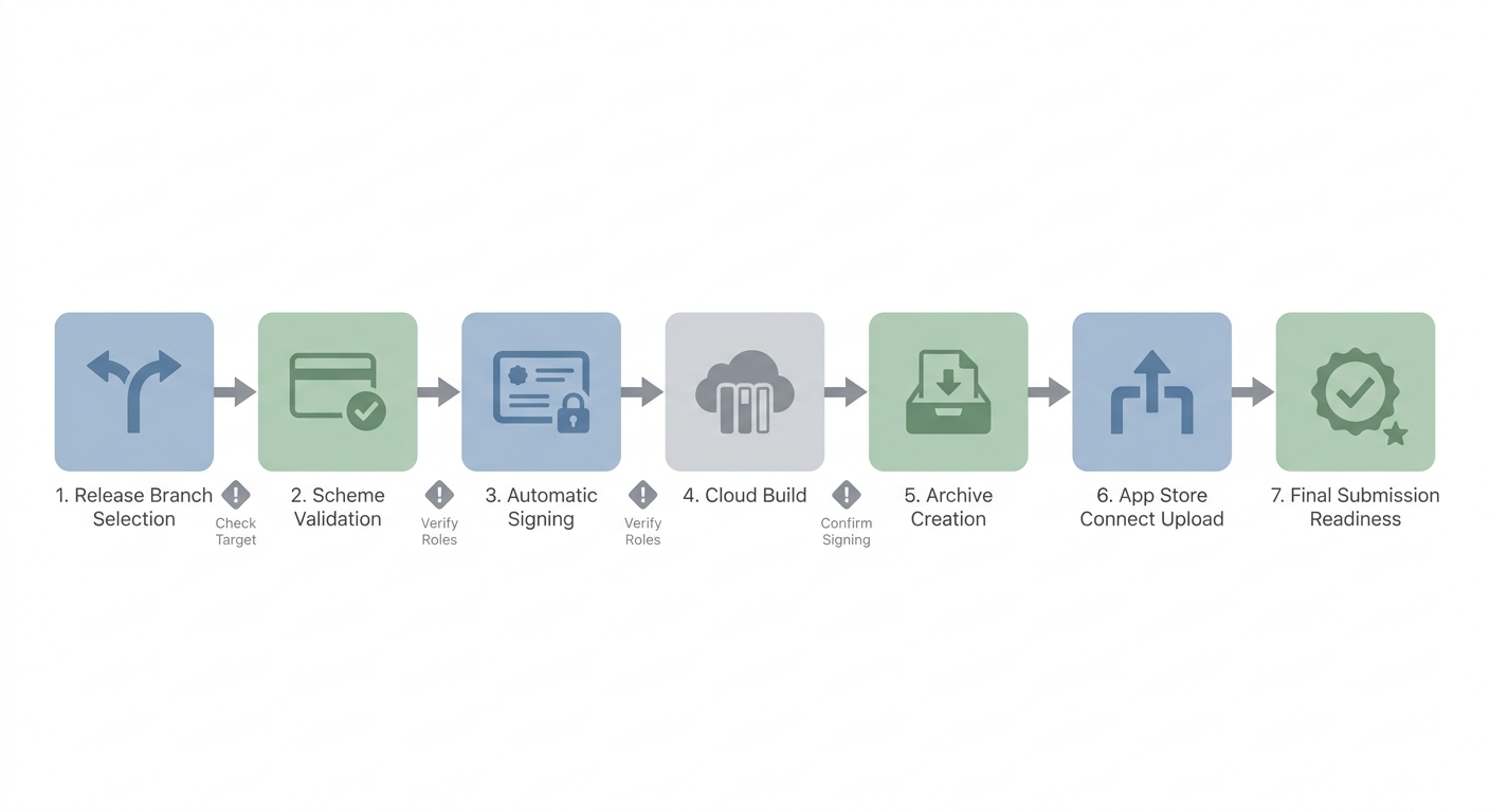 Process diagram of the Xcode Cloud publishing flow from release branch to App Store Connect submission. Process diagram of the Xcode Cloud publishing flow from release branch to App Store Connect submission.