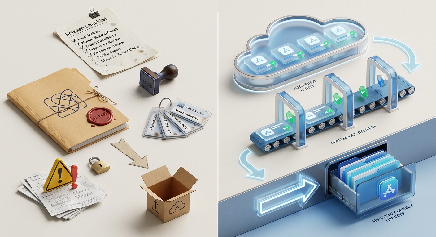 Comparison table of traditional manual iOS publishing versus Xcode Cloud publishing to App Store Connect. Comparison table of traditional manual iOS publishing versus Xcode Cloud publishing to App Store Connect.