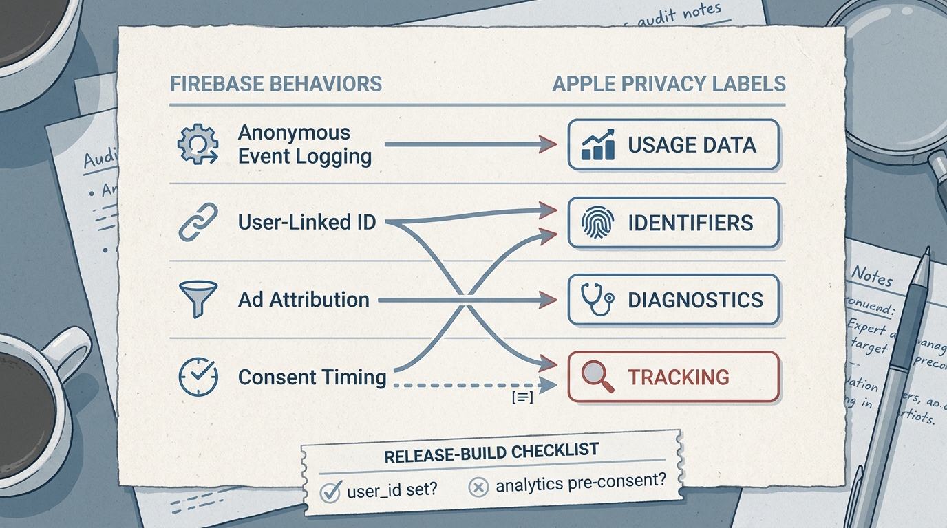 Table showing Firebase Analytics behaviors matched to App Store privacy label categories like linked data, usage data, and tracking. Table showing Firebase Analytics behaviors matched to App Store privacy label categories like linked data, usage data, and tracking.