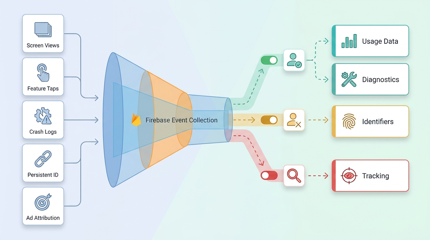 Process diagram showing Firebase data collection flowing into Apple privacy label categories and tracking decisions. Process diagram showing Firebase data collection flowing into Apple privacy label categories and tracking decisions.