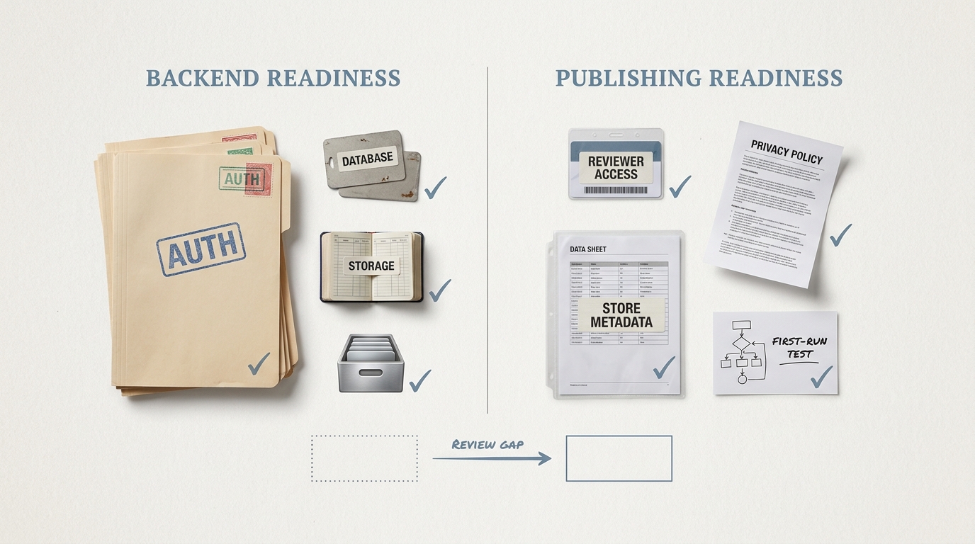 Two-column launch readiness comparison showing Supabase backend setup on one side and App Store or Google Play publishing requirements on the other. Two-column launch readiness comparison showing Supabase backend setup on one side and App Store or Google Play publishing requirements on the other.