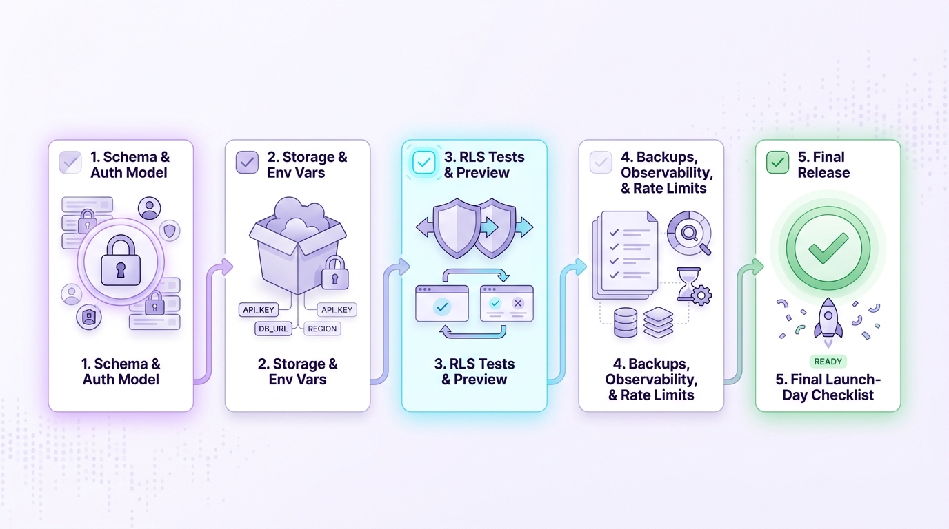 A chronological timeline with five milestones for a Supabase publishing checklist: 2022 - define the database schema and auth model; 2023 - set up storage, policies, and environment variables; 2024 - add row-level security tests and preview deployments; 2025 - verify backups, observability, and rate limits; launch day - run the final checklist and publish. The design uses deep violet labels, soft lavender connectors, and a cyan highlight on the current milestone against a clean light background. A chronological timeline with five milestones for a Supabase publishing checklist: 2022 - define the database schema and auth model; 2023 - set up storage, policies, and environment variables; 2024 - add row-level security tests and preview deployments; 2025 - verify backups, observability, and rate limits; launch day - run the final checklist and publish. The design uses deep violet labels, soft lavender connectors, and a cyan highlight on the current milestone against a clean light background.