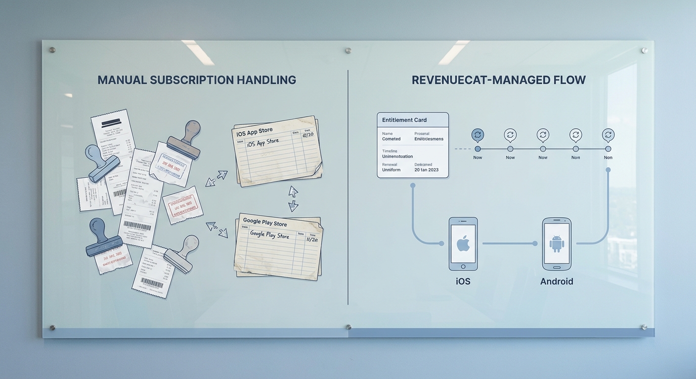 Comparison table of manual subscription management versus RevenueCat for receipt validation, entitlement syncing, renewal tracking, and iOS and Android coverage.