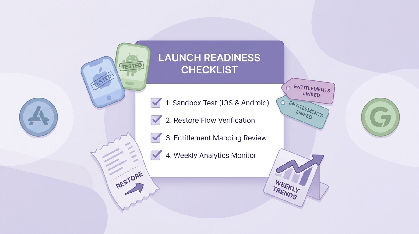 Checklist of RevenueCat launch readiness tasks including sandbox testing, restore flow review, entitlement mapping, and weekly subscription analytics review.