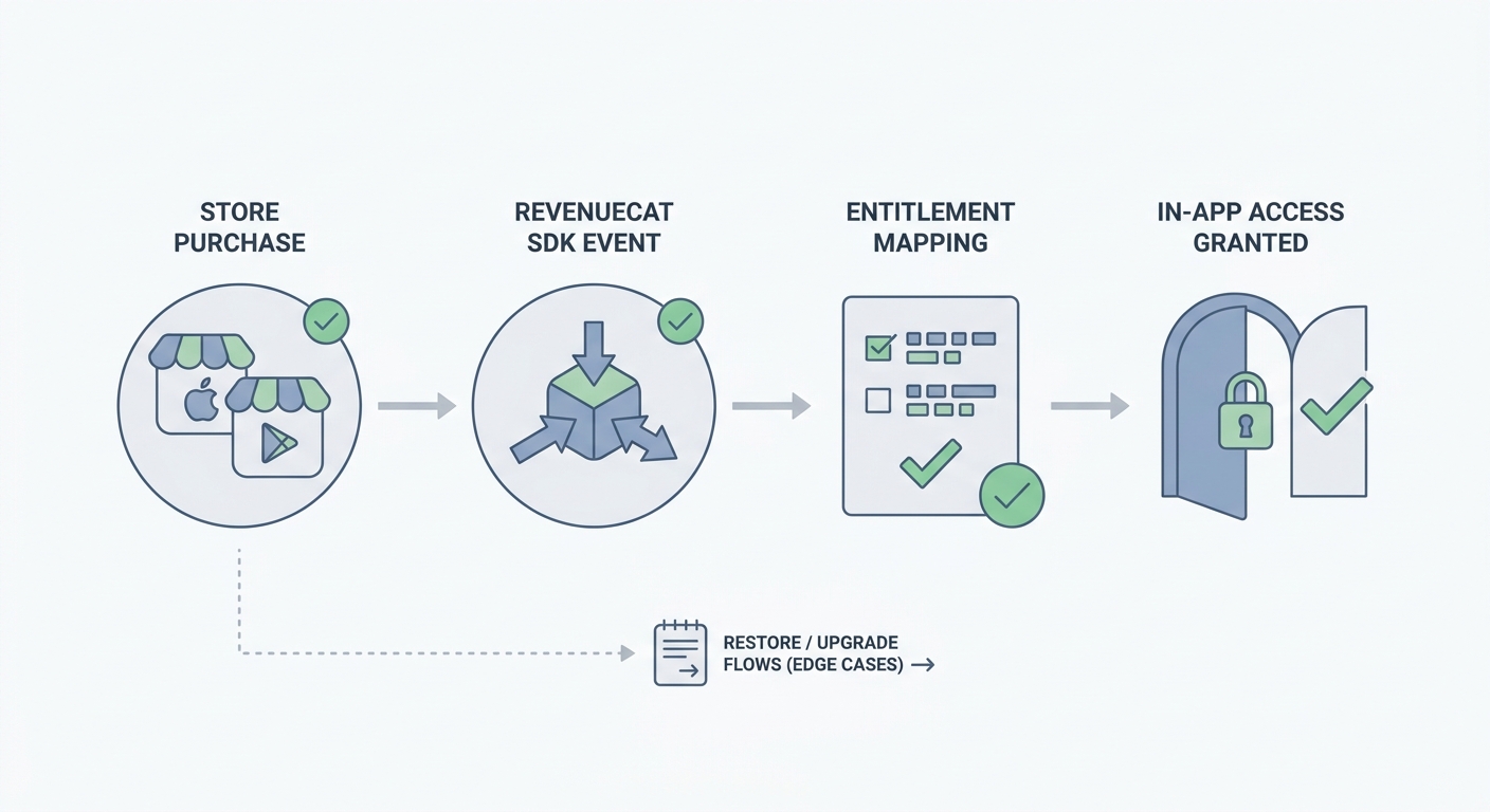 Process diagram of a RevenueCat subscription flow from store purchase to SDK event, entitlement mapping, and app access grant.