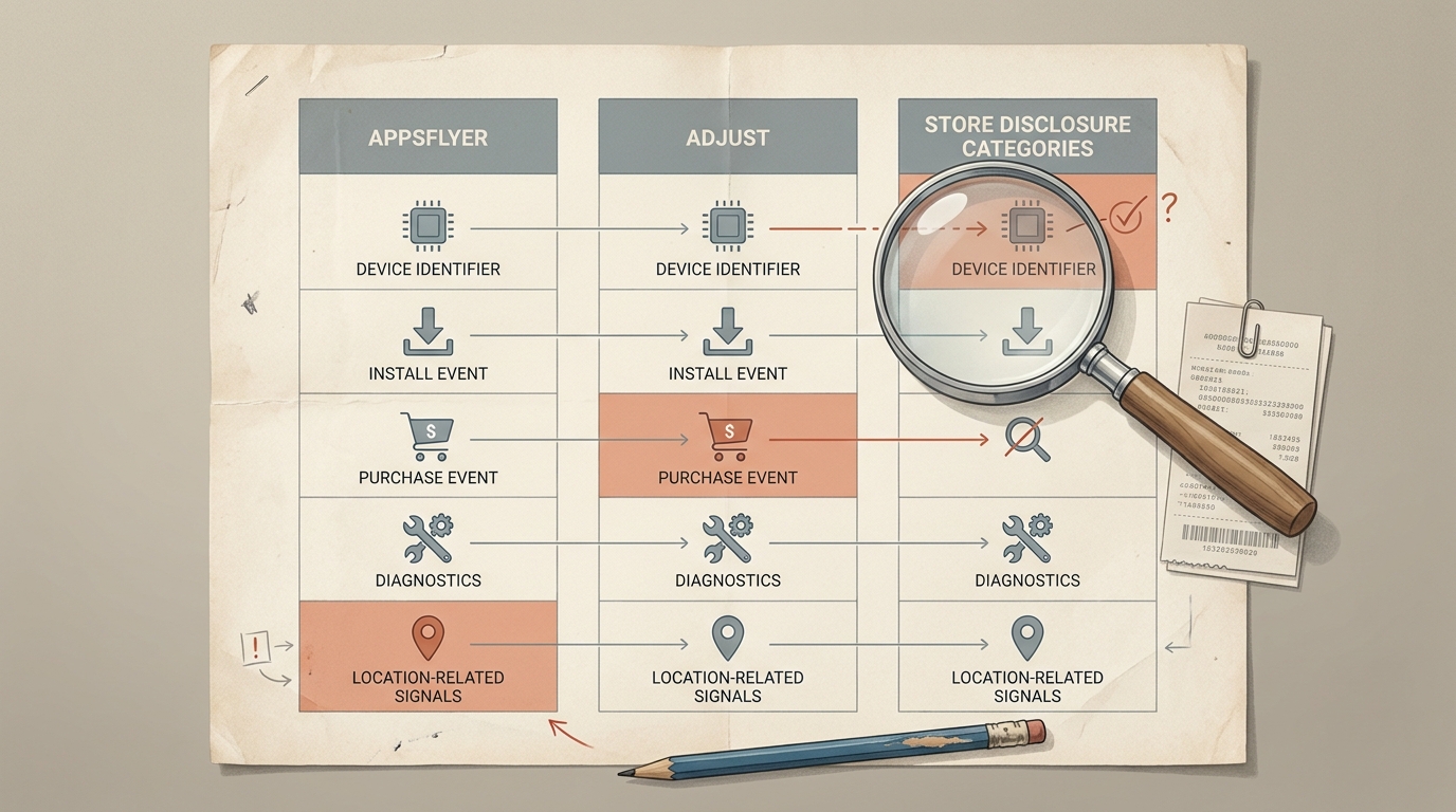 Comparison table mapping AppsFlyer and Adjust data categories to App Store privacy labels and Google Play Data safety disclosure fields. Comparison table mapping AppsFlyer and Adjust data categories to App Store privacy labels and Google Play Data safety disclosure fields.