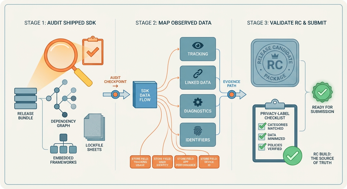 Process diagram of auditing the live AppsFlyer or Adjust SDK, mapping data categories to store labels, and validating the release candidate before submission. Process diagram of auditing the live AppsFlyer or Adjust SDK, mapping data categories to store labels, and validating the release candidate before submission.
