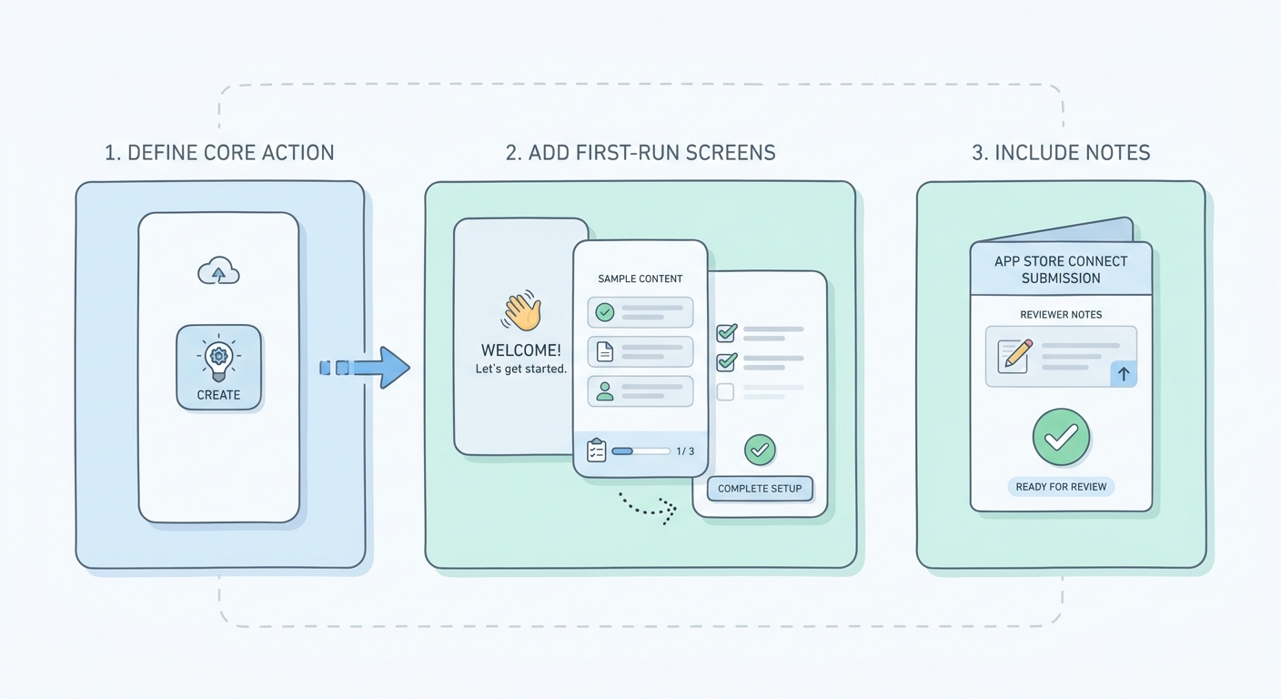 Workflow diagram showing core action, first-run experience, and reviewer notes for submitting an app with no public content Workflow diagram showing core action, first-run experience, and reviewer notes for submitting an app with no public content