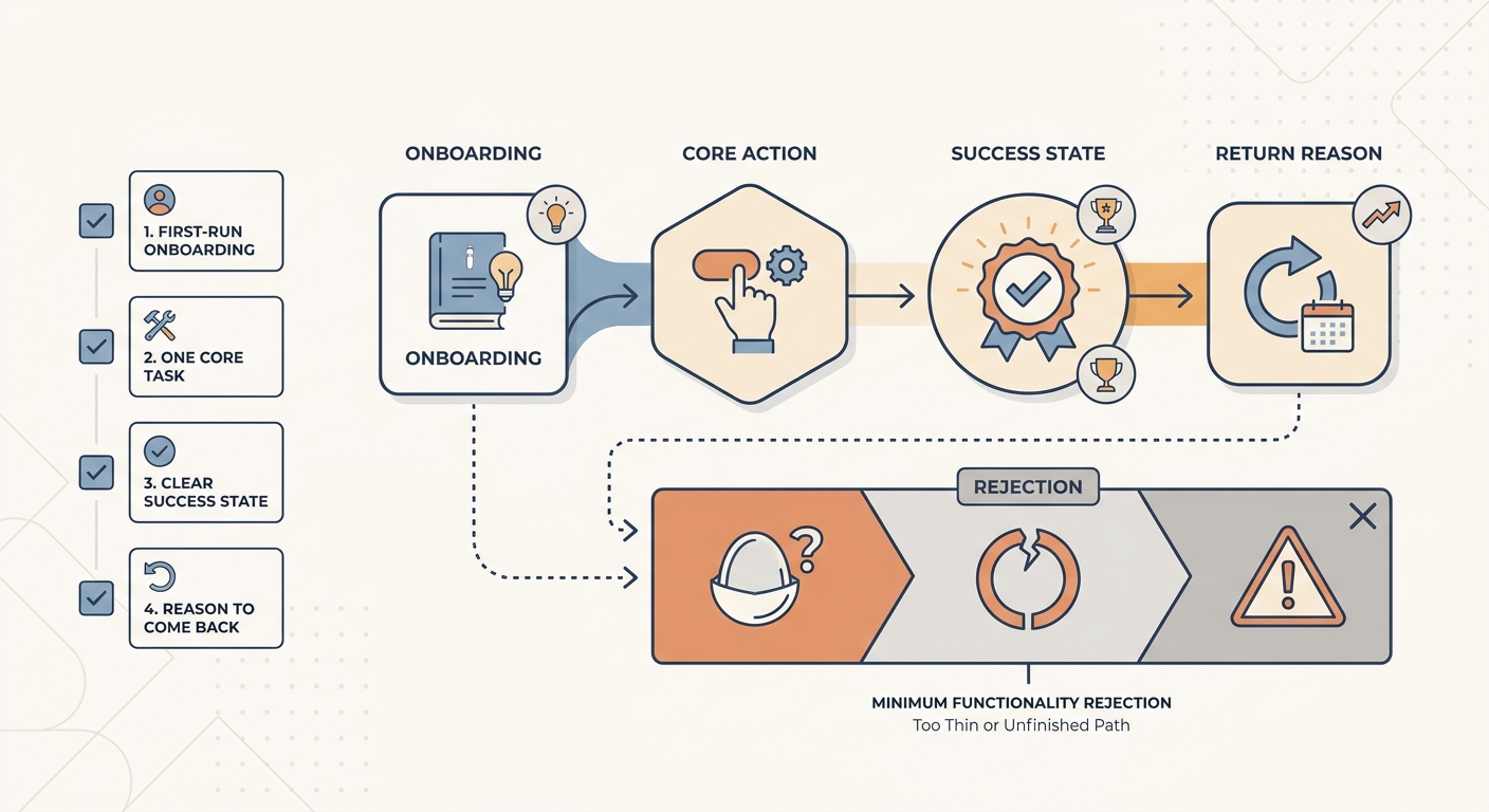 Process diagram showing how reviewers judge whether a simple app feels complete or too thin. Process diagram showing how reviewers judge whether a simple app feels complete or too thin.