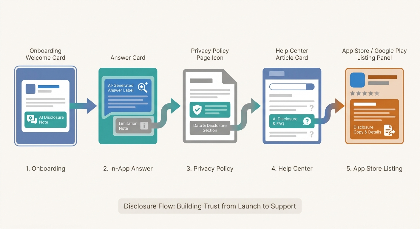 Workflow diagram of disclosure placement across onboarding, answer screen, policy pages, and app store listing. Workflow diagram of disclosure placement across onboarding, answer screen, policy pages, and app store listing.