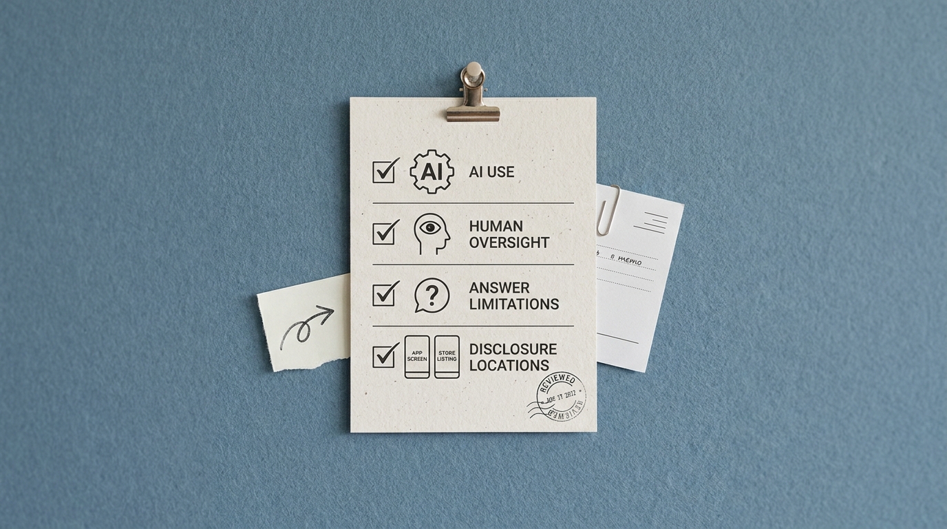 Callout card listing the main disclosure elements for apps that generate answers with AI. Callout card listing the main disclosure elements for apps that generate answers with AI.