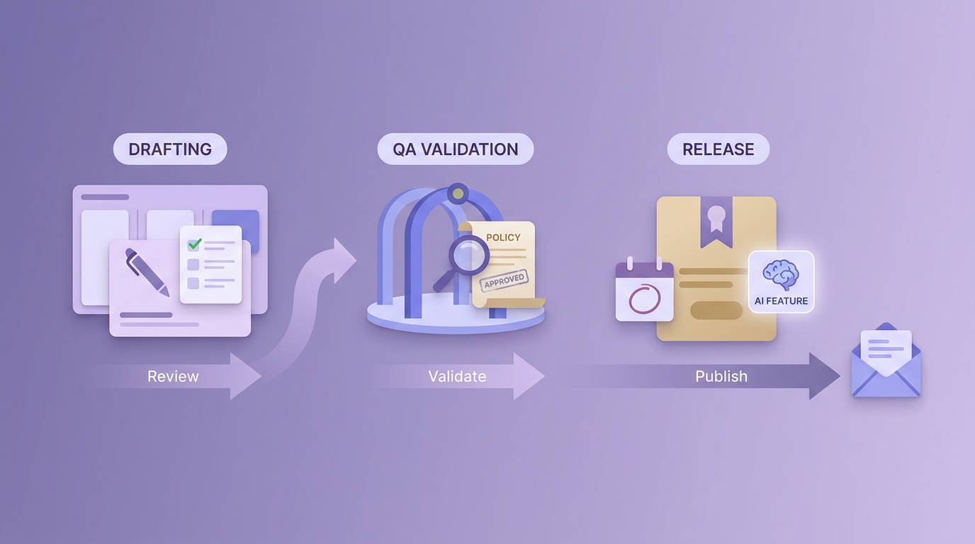 Timeline showing disclosure creation, QA review, and release with an AI feature. Timeline showing disclosure creation, QA review, and release with an AI feature.