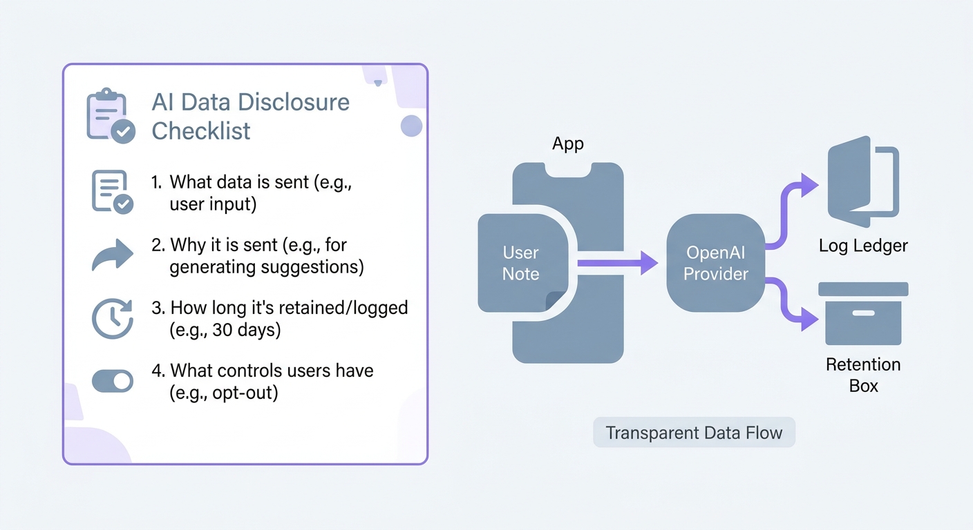 Checklist of four disclosure items for apps sending data to OpenAI. Checklist of four disclosure items for apps sending data to OpenAI.