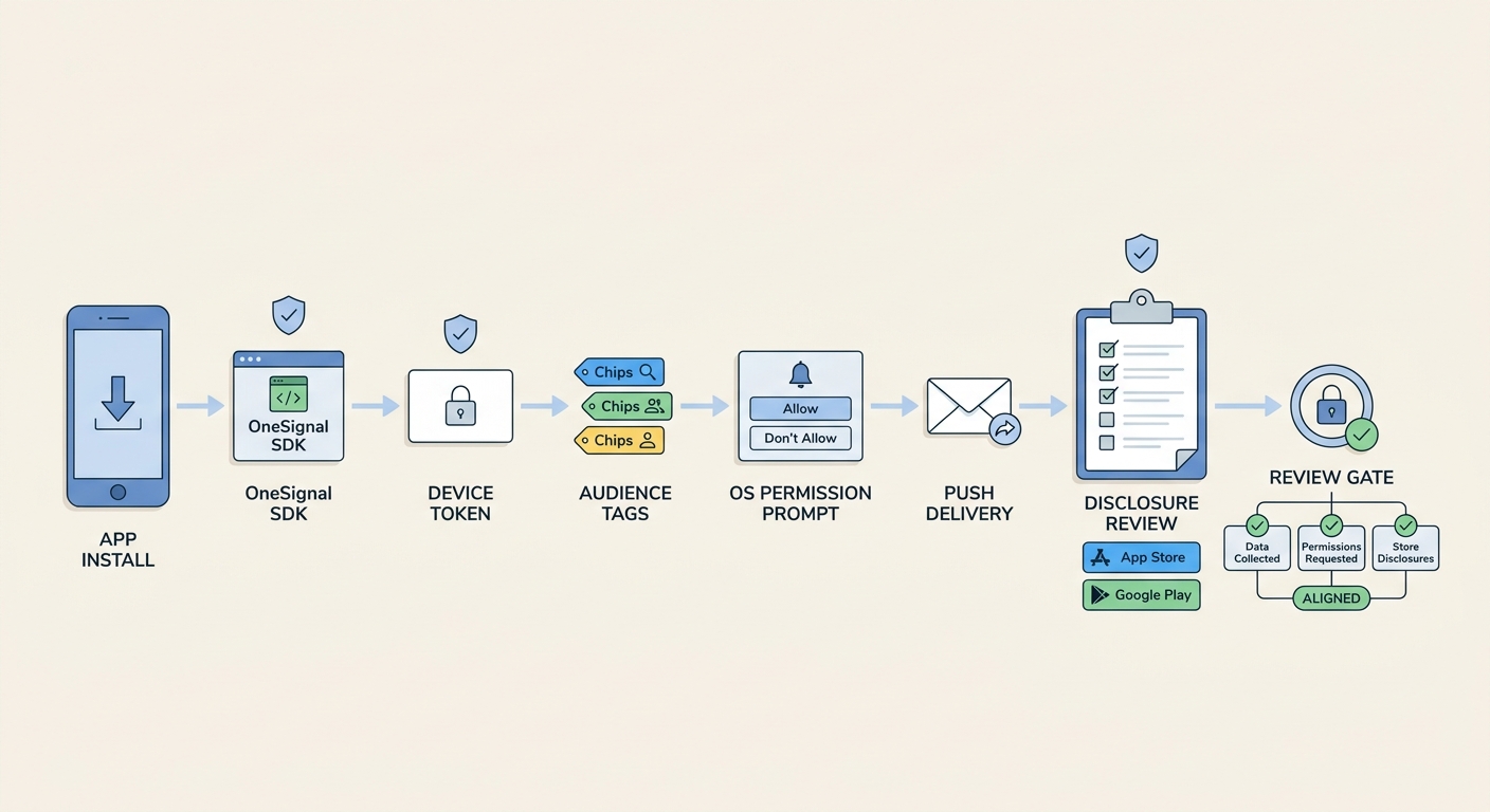 Diagram of OneSignal push notification data flow from app install through SDK, permission prompt, and store disclosure review