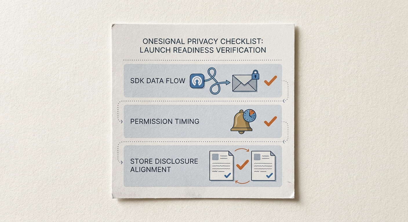 Checklist card for OneSignal push privacy readiness with SDK flow, permission timing, and store disclosure checks