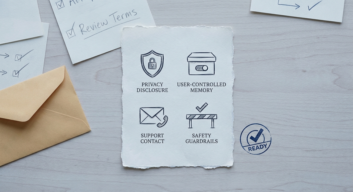 Launch readiness callout for a personal AI companion app with privacy, memory controls, support, and safety checks.