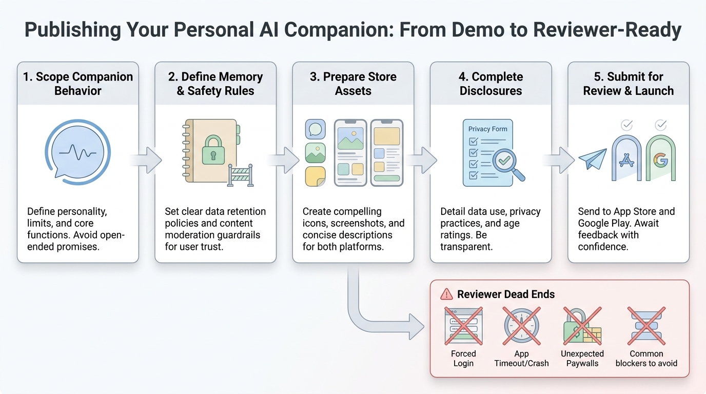 Workflow diagram for publishing a personal AI companion app from scope setting to app store submission.