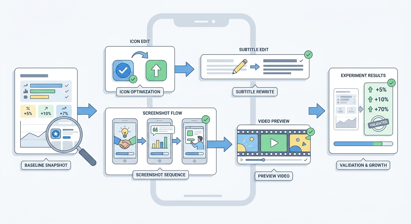 Process diagram for improving an app store listing from baseline audit to asset testing and validation.