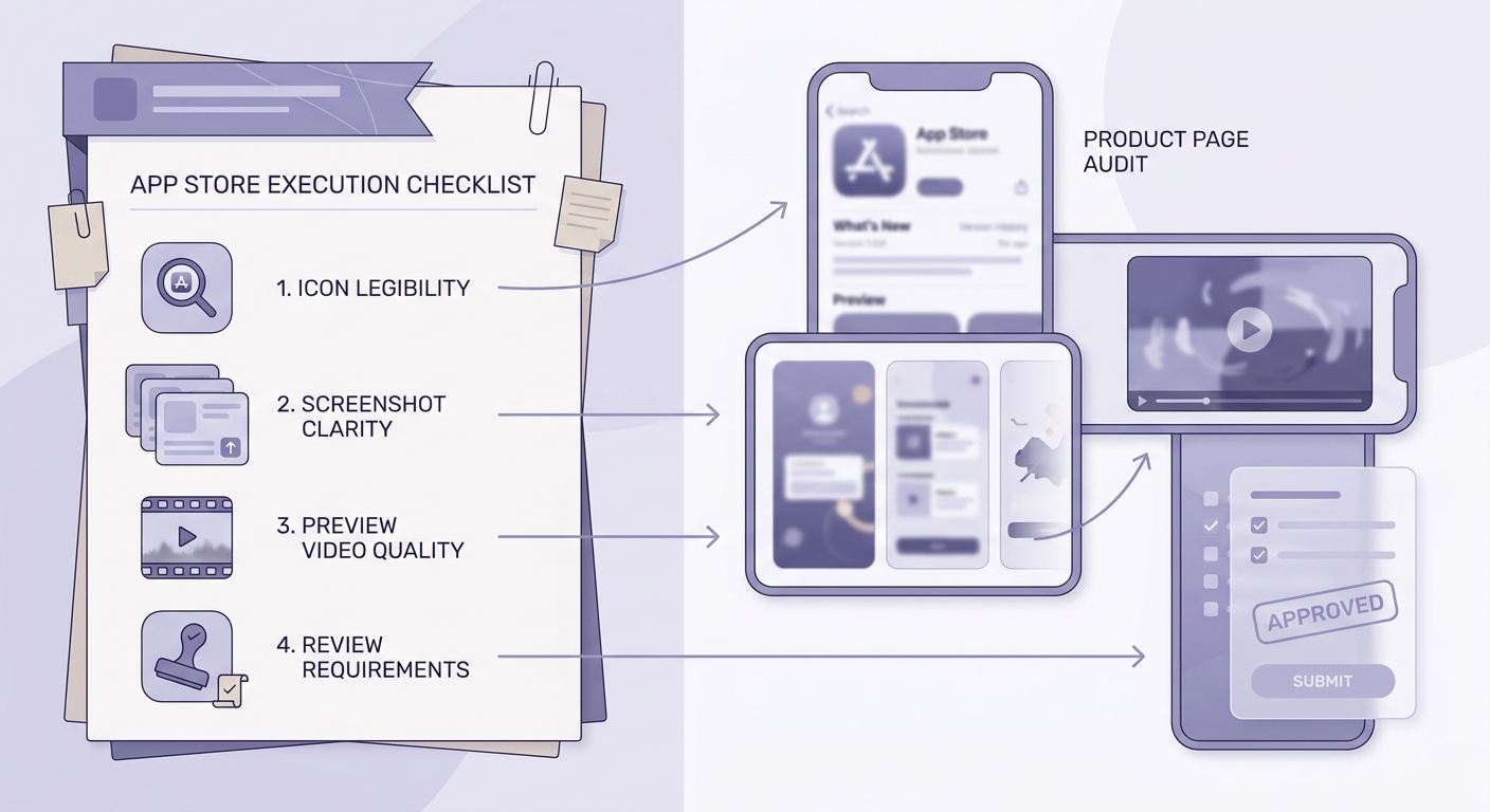 Checklist for checking icon, screenshots, preview video, and storefront requirements before updating an app store page.