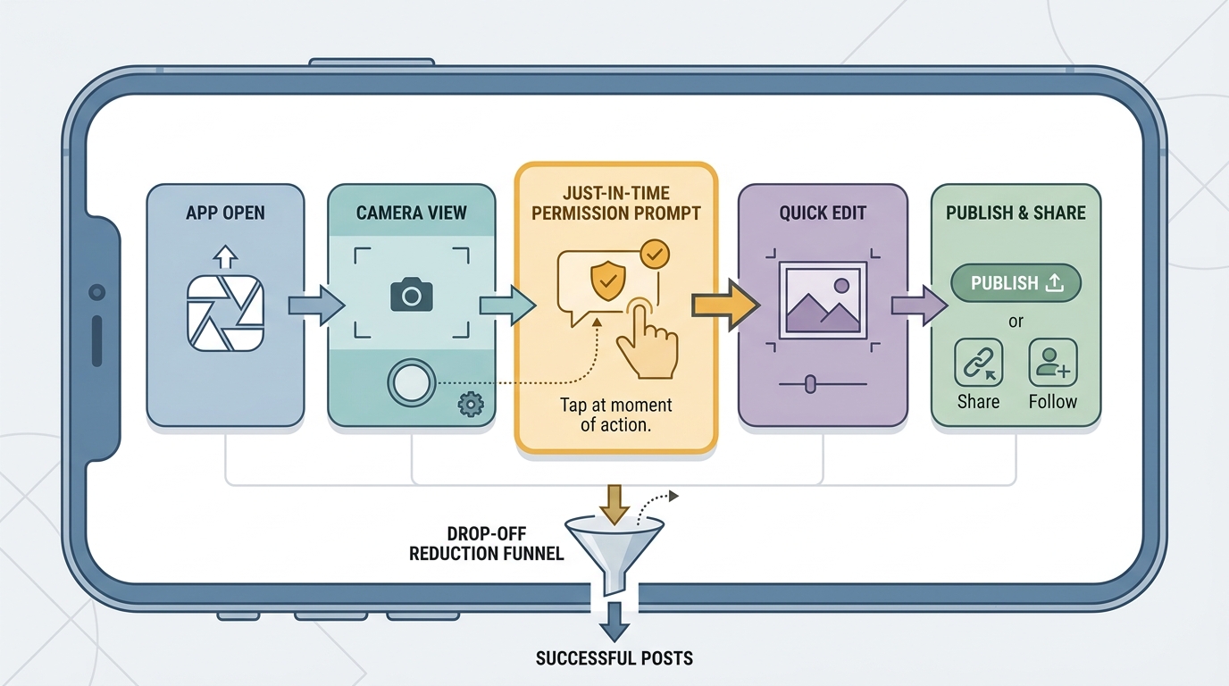 Process diagram showing app open to camera, permission prompt, capture, edit, publish, and share.