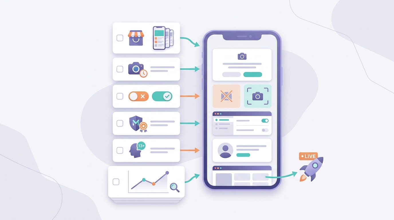 Checklist for publishing a camera-first social app with store assets, permissions, moderation, and launch metrics.