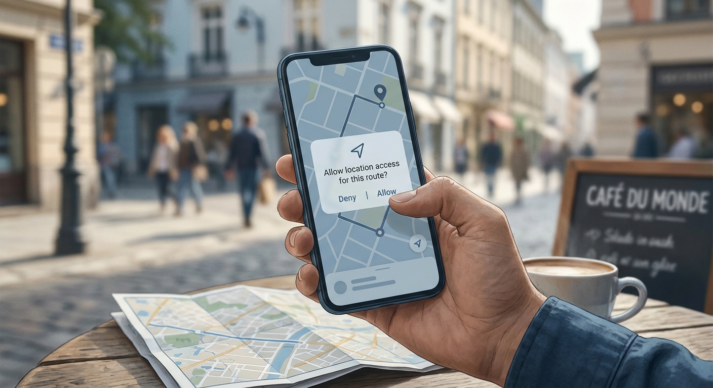 Proof card illustrating Google Maps requesting location access at the moment a user needs directions or nearby results.
