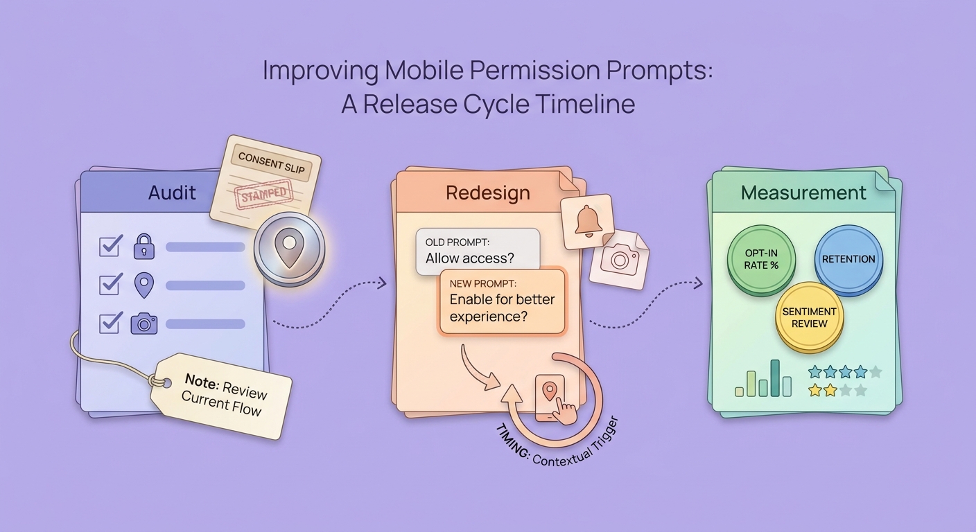 Timeline showing audit, redesign, and measurement steps for improving mobile app permission prompts.