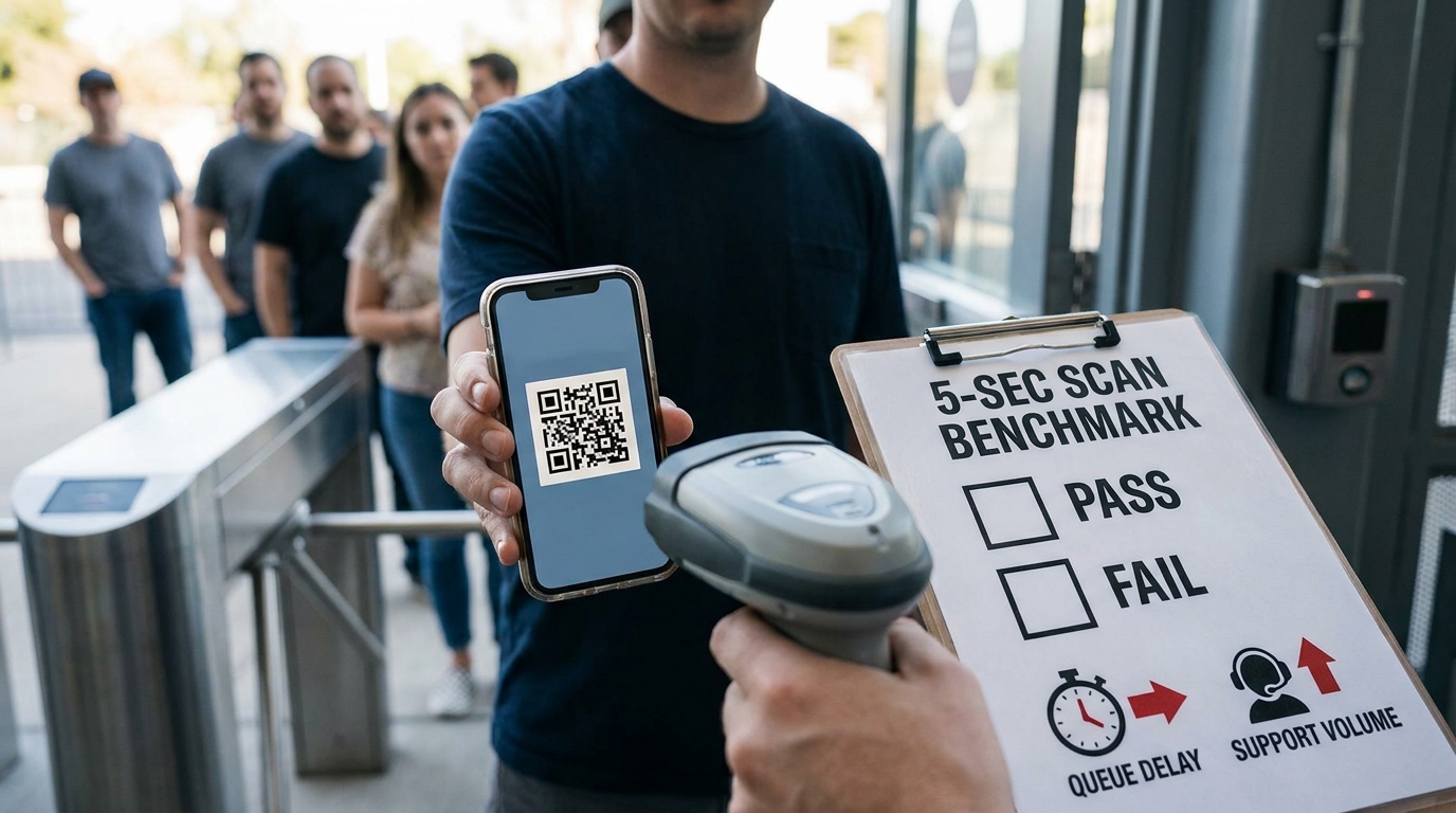 Proof card for a QR ticketing app showing a five-second scan readiness benchmark and the operational impact of slow entry.