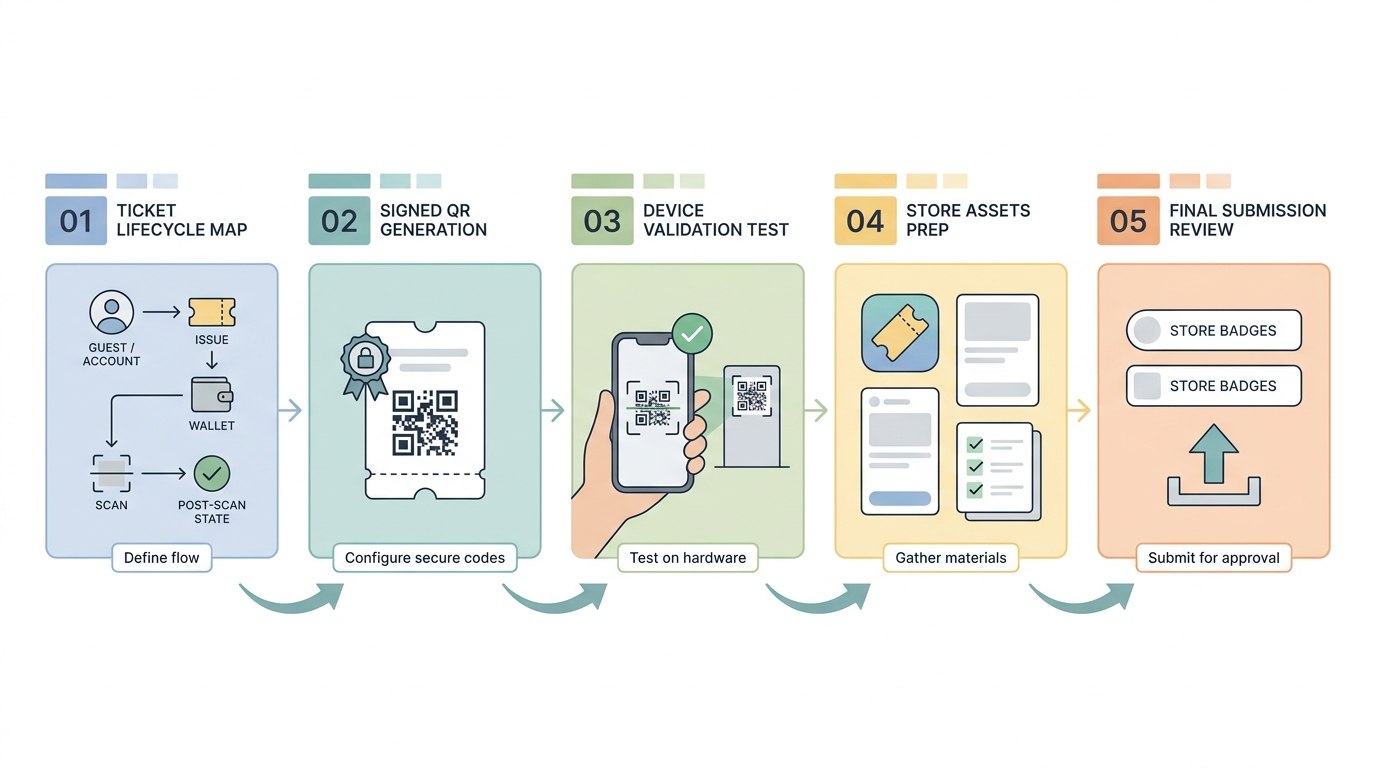 Process diagram for publishing a mobile ticketing app with QR codes from ticket lifecycle setup through store submission.