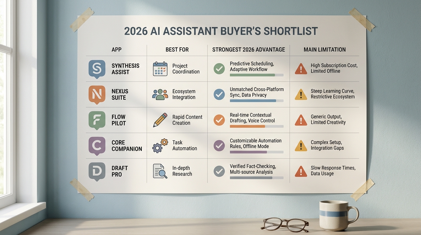Comparison table of five AI assistant apps in 2026 showing best-for use case, strength, and limitation.