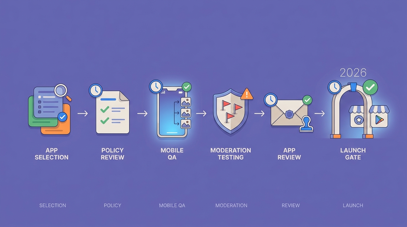 Timeline for choosing and launching a marketplace app with policy review, QA, and store submission steps.