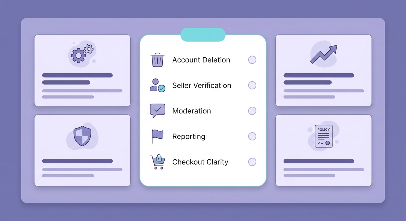 Footer related-articles block in a clean violet SaaS style, showing four linked article cards with titles and short one-line summaries beneath the section heading about making a marketplace app App Store-ready in 2026, using deep violet, lavender, and cyan accents on a light background.