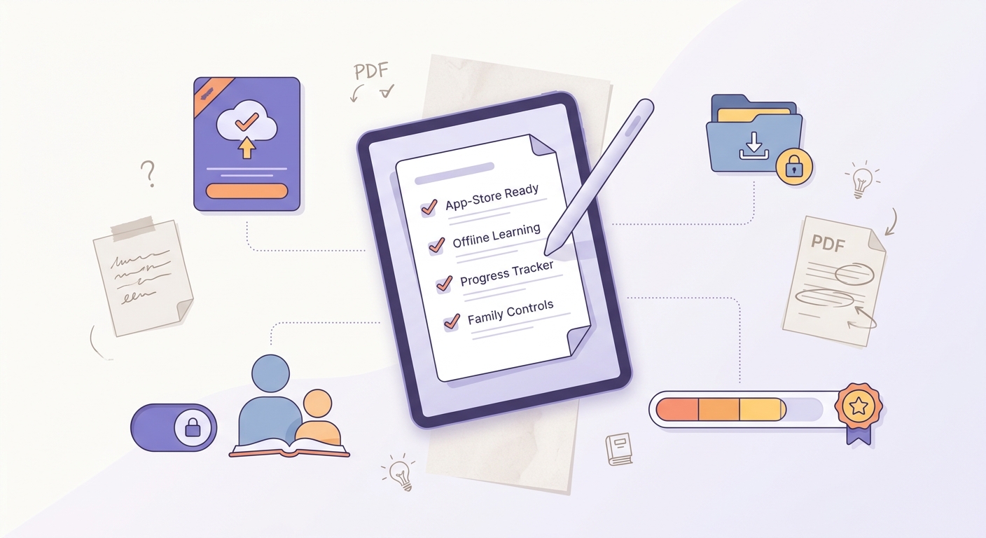 Checklist for choosing an education app in 2026 with items for compatibility, offline access, progress tracking, and family controls.