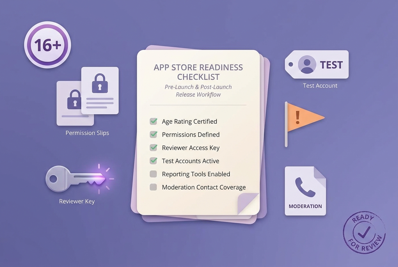 Pre-launch checklist for submitting a user-generated game platform app to App Store and Google Play.