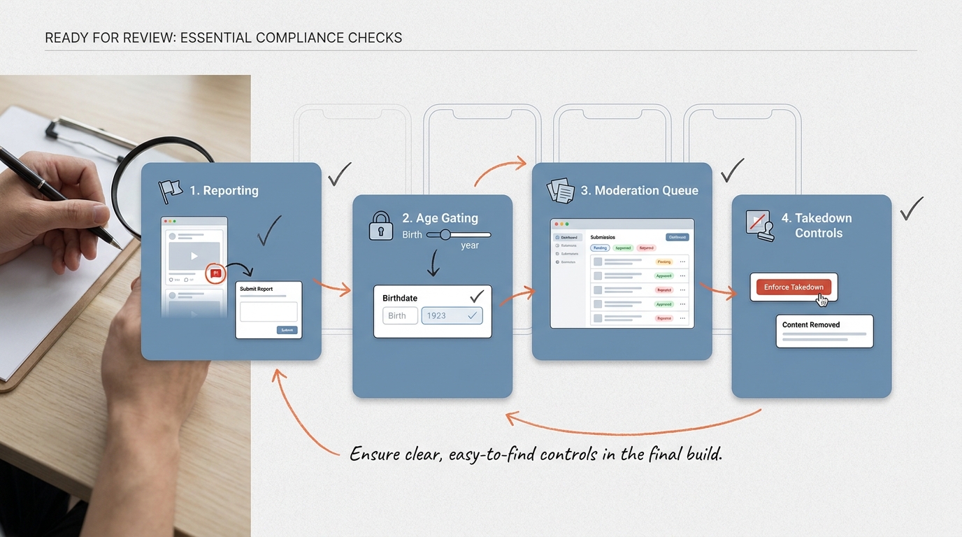 Checklist-style callout of moderation, reporting, age gating, and takedown controls needed before publishing a user-generated game platform app.