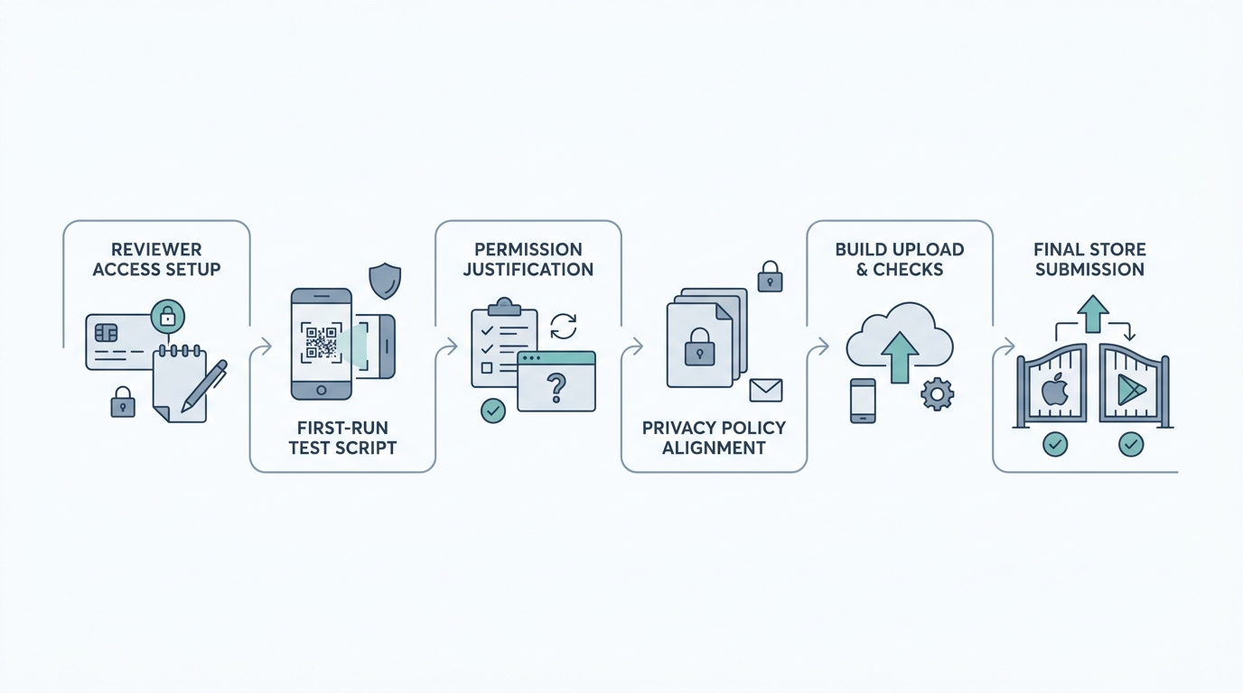 A process diagram showing the reviewer submission workflow for a security or authenticator app. A process diagram showing the reviewer submission workflow for a security or authenticator app.