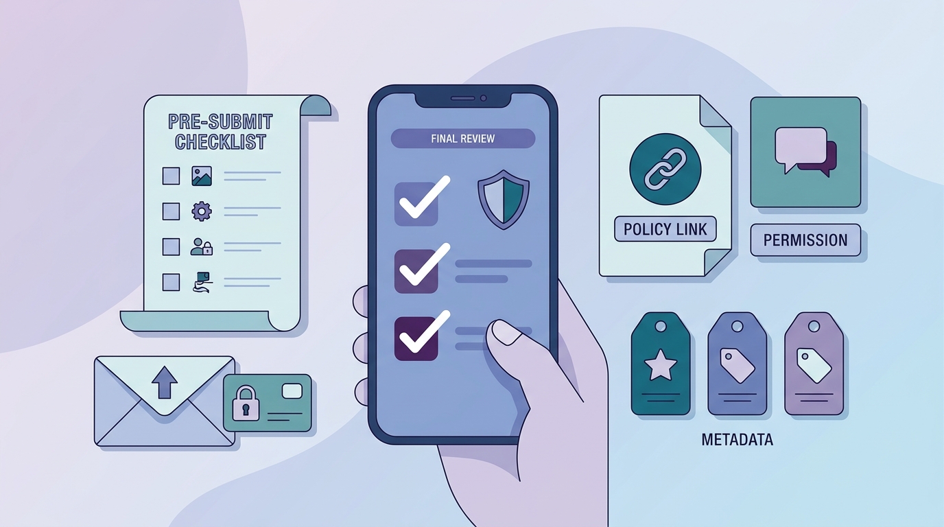 A checklist for the final pre-submit review of a security or authenticator app. A checklist for the final pre-submit review of a security or authenticator app.