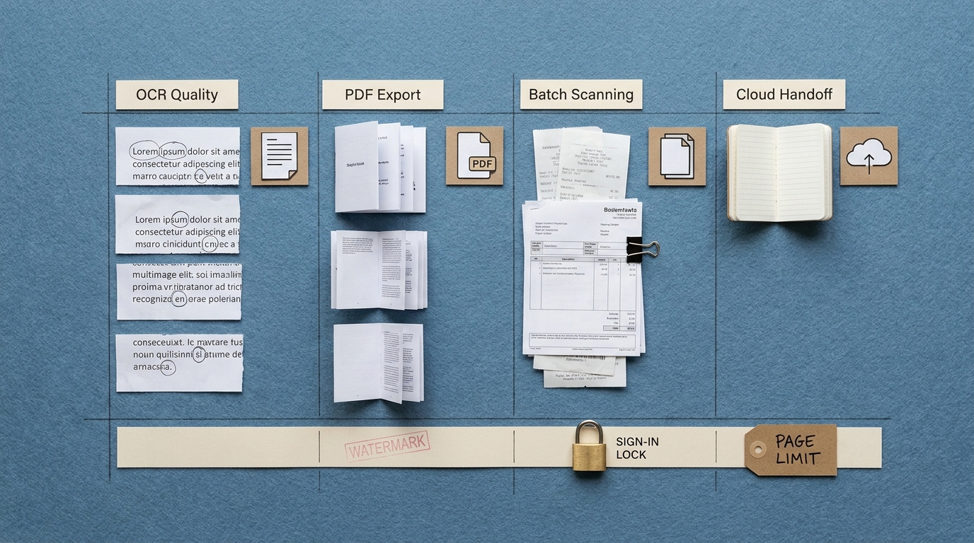 Comparison table of scanner app evaluation criteria including OCR, PDF export, batch scanning, cloud sync, and friction points. Comparison table of scanner app evaluation criteria including OCR, PDF export, batch scanning, cloud sync, and friction points.