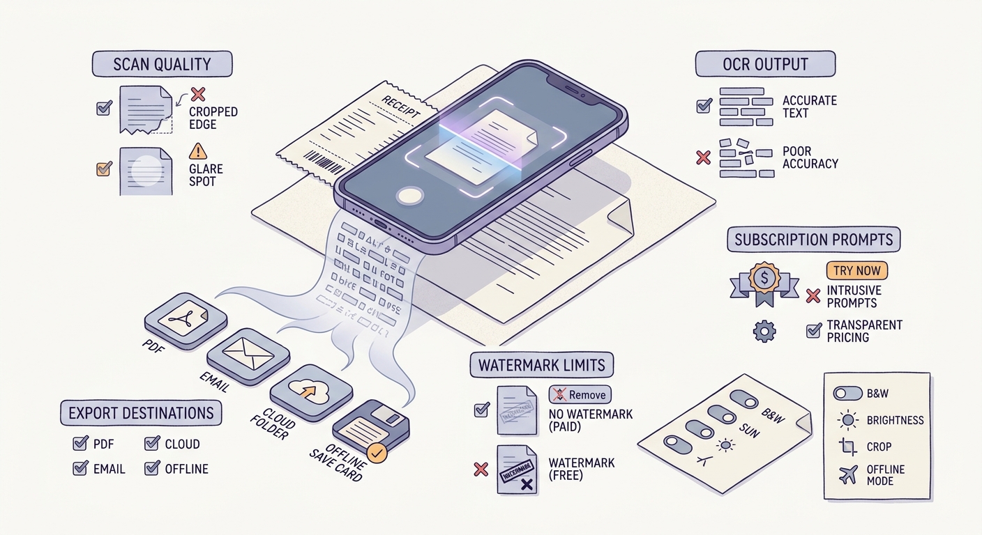Checklist for testing a scanner app before install, including OCR, export, watermark, and subscription checks. Checklist for testing a scanner app before install, including OCR, export, watermark, and subscription checks.