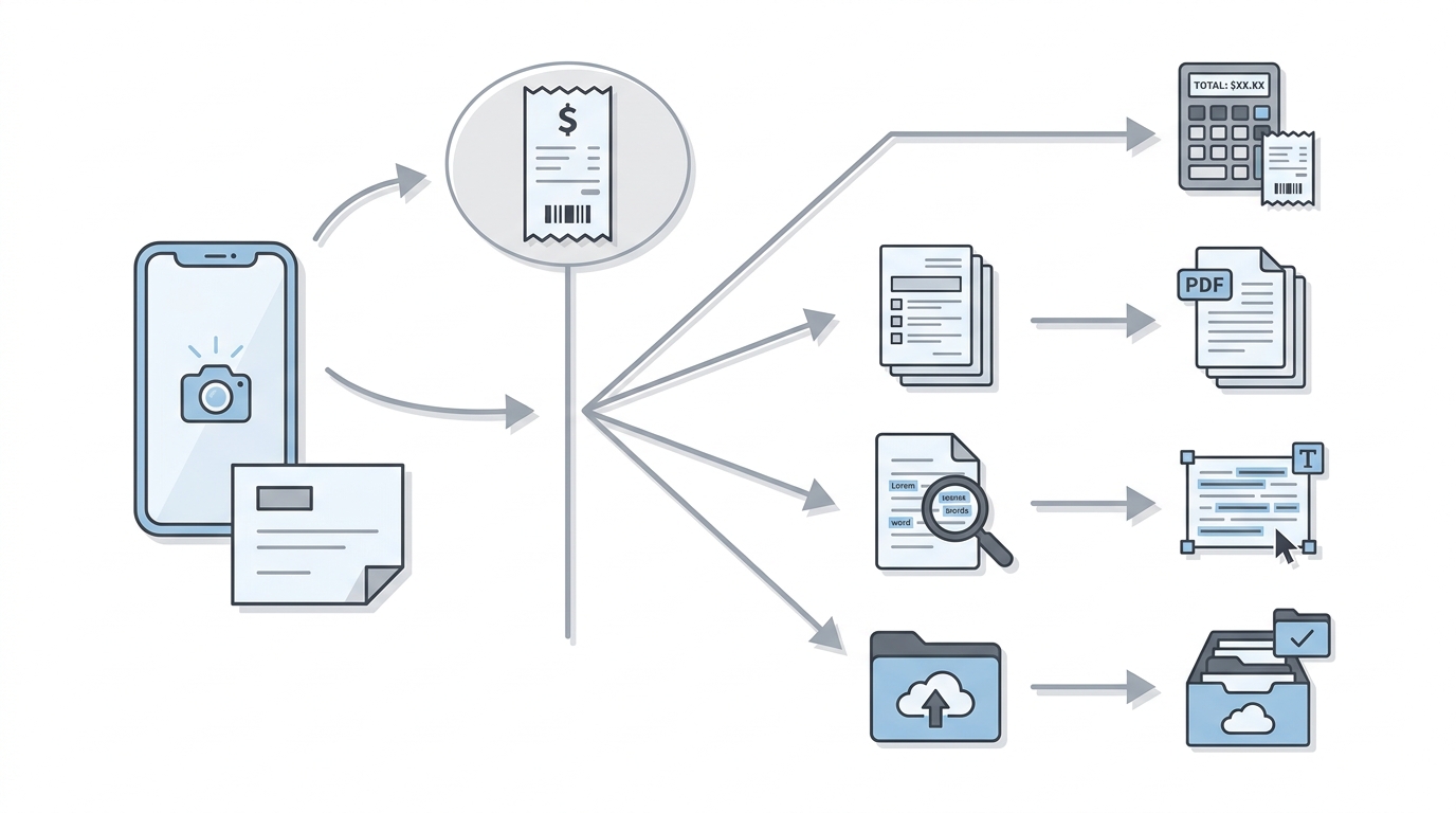 Process diagram for choosing a scanner app based on receipt scanning, multipage documents, OCR needs, and cloud storage workflow. Process diagram for choosing a scanner app based on receipt scanning, multipage documents, OCR needs, and cloud storage workflow.